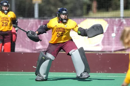 CMU goaltender Lily Amadio made 15 saves on Sunday in the Chippewas' 2-0 loss at Louisville.