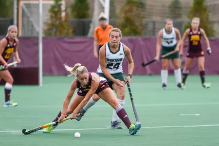 CMU's Georgina Minta winds up to release a shot on Tuesday during the Chippewas' 3-0 loss to Michigan State.