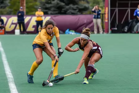 CMU's Samantha Glapinski (right) battles for possession of the ball on Friday in the Chippewas' 7-0 MAC loss to Kent State.