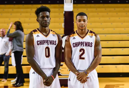 New Chippewas Gavin Peppers (left) and Shawn Roundtree pose for a photo on Thursday night as the CMU men's basketball team meets the media at McGuirk Arena.