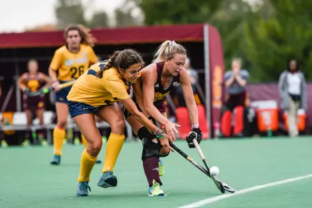 Carly Brengosz (right) is one of six CMU seniors who will play their final home game on Tuesday when the Chippewas face Michigan at the CMU Field Hockey Complex.