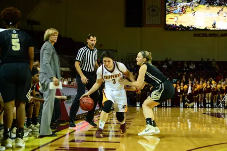 CMU guard Presley Hudson (3) scored 21 points on Friday to surpass the 1,000-point mark for her career in the Chippewas' loss to Purdue.