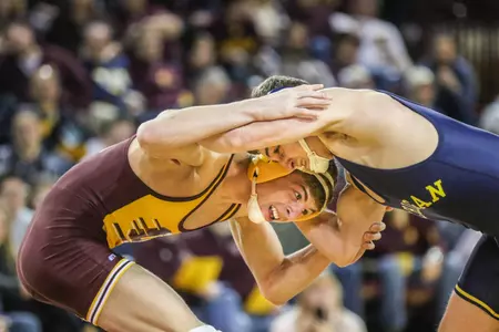 Sophomore Mason Smith (left) recorded a 6-0 victory on Sunday in the Chippewas' dual at Virginia Tech. Smith won both of his matches in the Chippewas' two weekend duals by a combined 20-0.