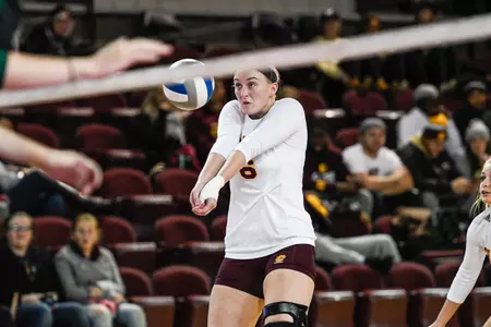 Taylor Robertson, one of four CMU seniors playing her final home match, passes the ball Thursday in the Chippewas' five-set loss to Eastern Michigan at McGuirk Arena.