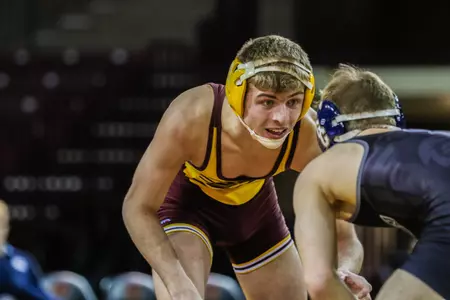 CMU's Mason Smith went 2-0 on the Chippewas' weekend trip to the Dakotas. One of his wins came on a pin on Sunday against North Dakota State.
