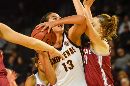 Junior Reyna Frost had 23 points and 19 rebounds on Saturday as the CMU women's basketball team opened MAC play with a 69-65 victory on the road over previously unbeaten Ball State.