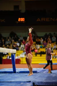 Shaila Segal won the balance beam in CMU's home victory last weekend against Illinois State.