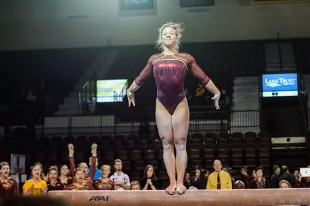 Junior Katy Clements posted a career-best 9.925 on balance beam -- the final performance in the final event of the day -- in the Chippewas' tight win at Kent State on Sunday.
