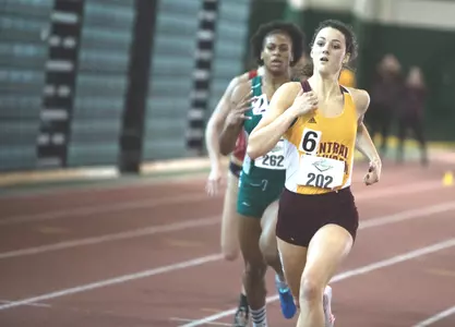 Sophomore Samantha Cuneo runs to victory in the women's 400-meter dash on Saturday at the MAC Indoor Championships at Eastern Michigan's Bowen Field House.