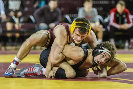 CMU's Corey Keener recorded a pin on Sunday as the Chippewas dominated Buffalo in a MAC dual, 35-3.