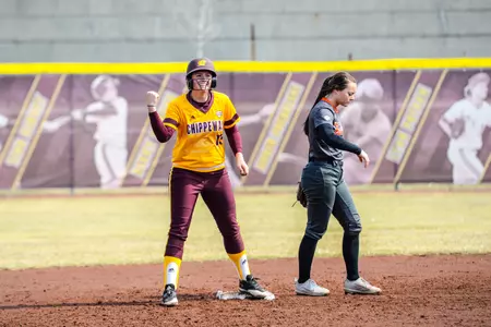CMU's Kaila Fulker is all smiles after her two-run double in game one Friday at Margo Jonker Stadium.