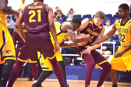 CMU freshman David DiLeo battles for possession of the ball Monday in the Chippewas' season-ending loss at Kent State.