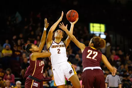CMU junior Tinara Moore (2) on Tuesday became the second player in program history to earn the MAC Defensive Player of the Year Award.
