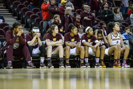 Chippewa players look on in the waning moments of CMU's 67-63 loss to Western Michigan in a MAC Tournament quarterfinal game Wednesday at Quicken Loans Arena in Cleveland.
