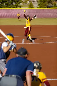 Hanna Warren delivers to the plate during her two-hitter in the nightcap on Saturday at Margo Jonker Stadium.