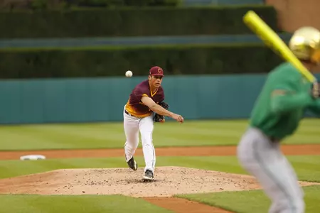 CMU pitcher Michael Brettell delivers to the plate on Tuesday in the Chippewas' annual Clash at Comerica. CMU fell to Notre Dame, 8-3.