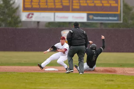 CMU second baseman Jason Sullivan (left) awaits the throw as Oakland's Zach Sterry slides into second on a stolen-base attempt on Wednesday at Theunissen Stadium.