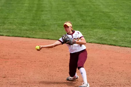 CMU second baseman Rachel Vieira tosses to first base on Wednesday during the Chippewas' 3-1 loss to Western Michigan in their MAC Tournament opener.