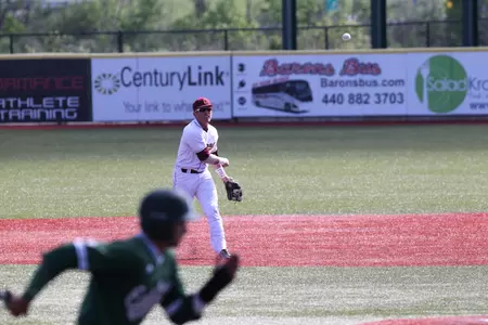 CMU second baseman Jason Sullivan throws to the plate to get an Eastern Michigan runner on Saturday morning at Sprenger Stadium in Avon, Ohio.