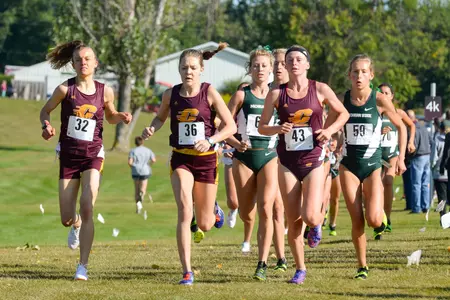 CMU's Taylor Aguillon (32) runs to a second-place finish Friday at the Jeff Drenth Memorial at Pleasant Hills Golf Course. It was Aguillon's first collegiate cross country race.
