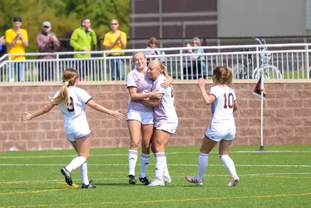 CMU sophomore Marle Bringard (6) celebrates her first-half goal Sunday in the Chippewas' victory over Detroit Mercy.