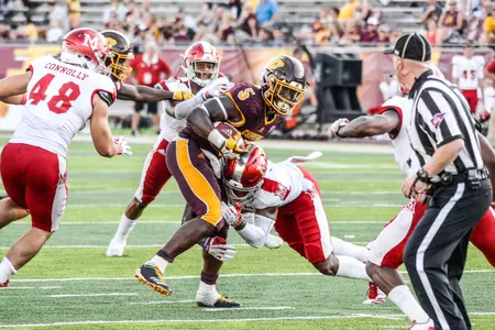 CMU running back Jonathan Ward tries to break through in the Chippewas' 31-14 loss to Miami on Saturday at Kelly/Shorts Stadium.