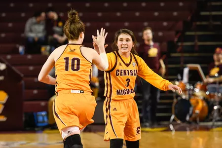 CMU's Cassie Breen (left) and Presley Hudson high-five during the Chippewas' win last Saturday against Kent State.