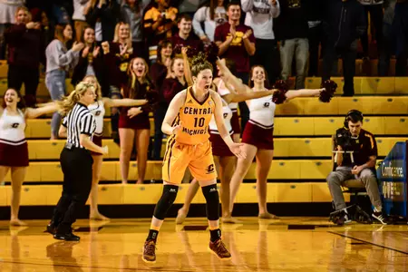 A fired up Cassie Breen reacts after hitting the go-ahead 3-pointer with under a minute remaining Saturday in the Chippewas' 74-70 victory over archrival Western Michigan at McGuirk Arena.