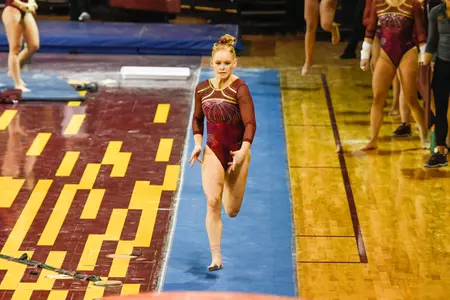 Sophomore Denelle Pedrick posted a career-best 9.925 in winning the vault on Sunday as CMU topped Northern Illinois in a Mid-American Conference dual in DeKalb, Ill.