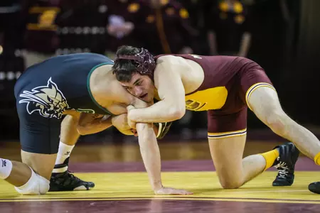 CMU redshirt freshman Blake Montrie (right) recorded a 5-3 victory over Nick Vestal on Sunday in the Chippewas' 29-9 Mid-American Conference win over Ohio at McGuirk Arena.