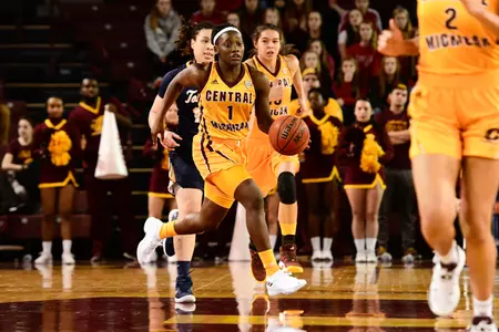 CMU redshirt freshman guard Micaela Kelly races the ball up the court on Saturday at McGuirk Arena. Kelly posted her first career double-double as the Chippewas rolled past Toledo, 85-47.