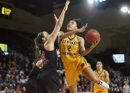 Tinara Moore goes to the basket en route to a career-high 36 points Wednesday in CMU's 91-77 victory over Northern Illinois at McGuirk Arena.