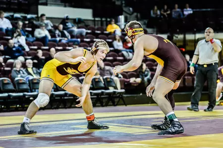 CMU senior Hunter Rollins wrestles during the Chippewas' annual Maroon and Gold intrasquad meet at McGuirk Arena in October.