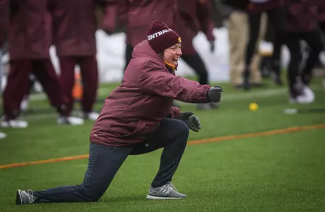 CMU coach Sara Tisdale celebrates a goal on Thursday in the Chippewas' 15-8 home win over Duquesne.