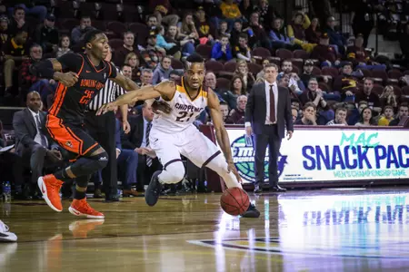 Ceceil Williams (21) hit a tie-breaking 3-pointer and then combined with Kevin McKay to go 8 for 8 from the free throw line in the final 25 seconds Friday in CMU's win at Wofford.