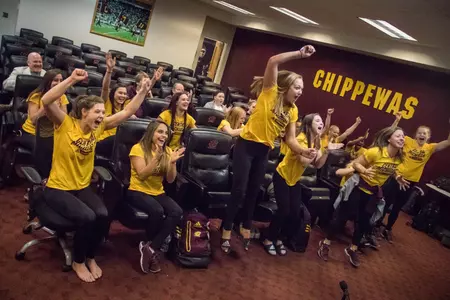 CMU gymnasts react Monday to the announcement that they are headed to the NCAA Regional in Tuscaloosa, Ala.