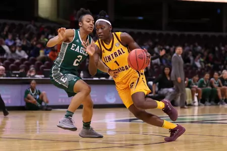 CMU redshirt freshman guard Micaela Kelly drives to the basket on Wednesday in the Chippewas' MAC Tournament quarterfinal victory over Eastern Michigan.
