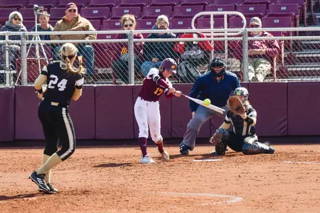 Freshman Shaidan Knapp takes a cut during CMU's MAC doubleheader with Western Michigan on Wednesday at Margo Jonker Stadium. Knapp collected four hits as the Chippewas split the twinbill.