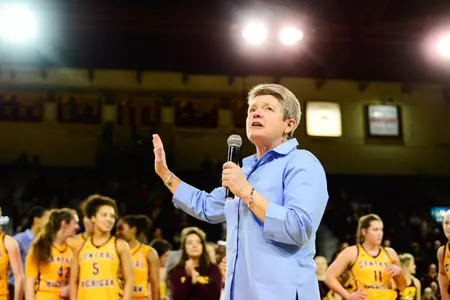 CMU coach Sue Guevara addresses the McGuirk Arena crowd after a Chippewa game last season. Guevara will be inducted in November into the Saginaw County Sports Hall of Fame.