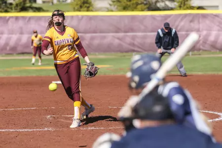 Hanna Warren delivers to the plate during the nightcap on Saturday at Margo Jonker Stadium. Warren blanked Toledo, giving the Chippewas a 3-0 victory and the MAC series win.