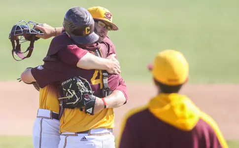 CMU pitcher Colton Bradley and catcher Blake Cleveland hug after the Chippewas' 9-6 win over Bowling Green on Sunday at Keilitz Field at Theunissen Stadium. The win gave CMU its first MAC series sweep of the season.