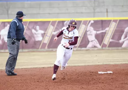 CMU's Morgan Gardner rounds second base and heads for third on Saturday in the Chippewas' 10-2 victory over Buffalo at Margo Jonker Stadium. Gardner drove in three runs.