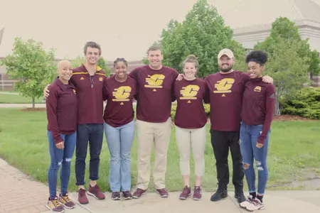CMU track & field team members who will compete in the NCAA East Preliminary beginning on Thursday the University of South Florida in Tampa. The Chippewas are (from left) Nadia Williams, Shane Moffo, Erin Howard, Logan Tarrgart, Marissa Dunn, Kevin Weiler and Gabrielle Beauvais.
