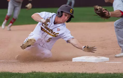 CMU sophomore Zach Gilles slides safely into third base Wednesday in the Chippewas' 8-0 win over Cleary at Keilitz Field at Theunissen Stadium.