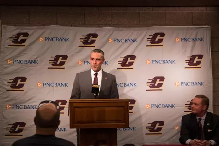 New CMU baseball coach Jordan Bischel addresses the media on Thursday.