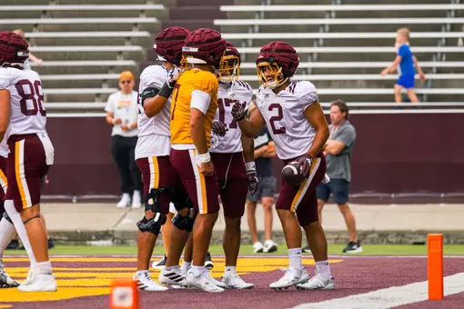 Offense celebrating after a touchdown during an Central Michigan football fall scrimmage on Friday, Aug. 21, 2026 in Mount Pleasant. (Ty Klopf/Central Michigan Football)