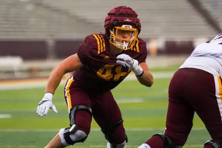 Nathan VanTimmerman (48) rushing the backfield during a Central Michigan football fall scrimmage on Friday, Aug. 21, 2026 in Mount Pleasant. (Ty Klopf/Central Michigan Football)