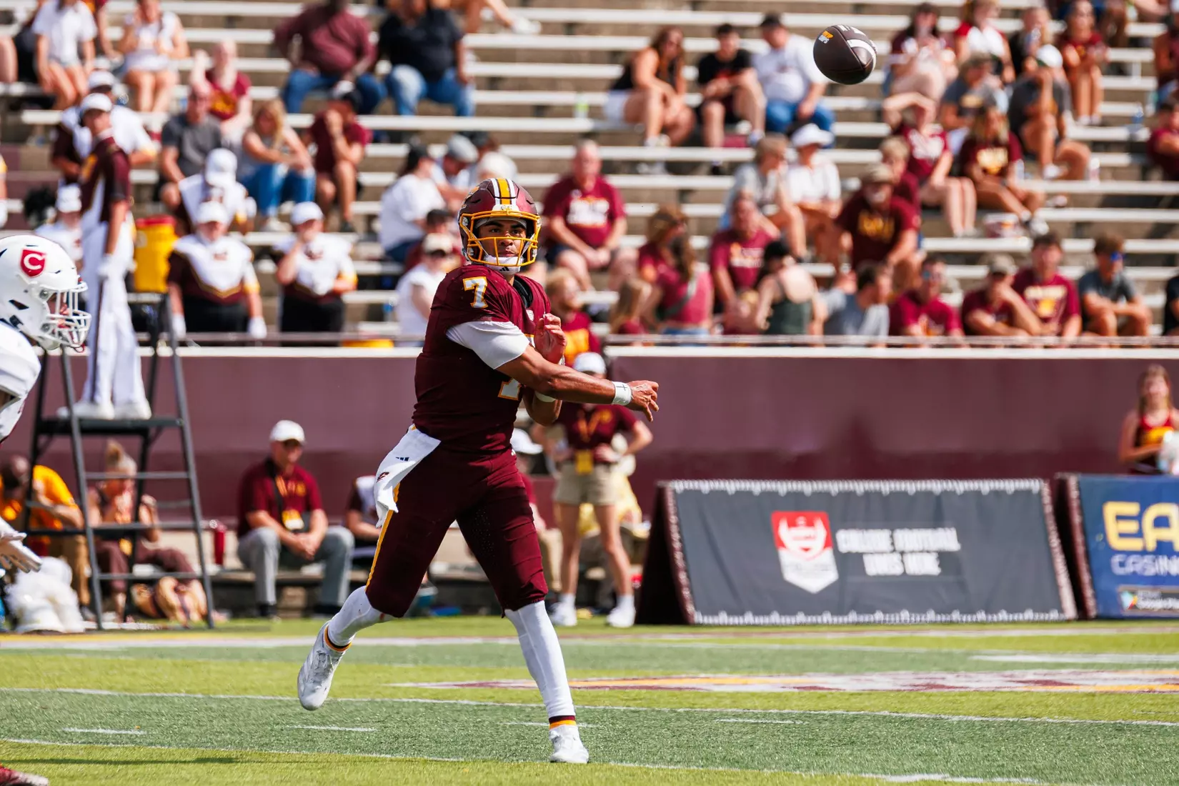 Angel Flores (#7) thorws a screen pass during the Central Michigan vs Colgate football game on Saturday Sept. 12, 2026 in Mount Pleasant. (Ty Klopf/Central Michigan Football)
