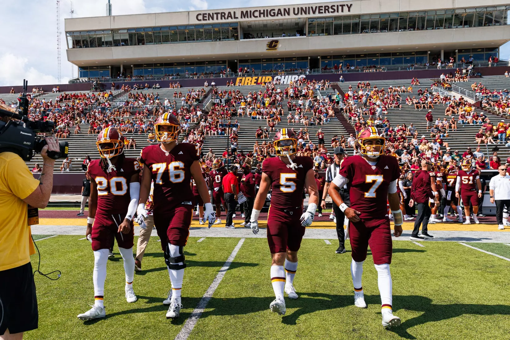 Captains, Langston Lewis (#20), Martin Koivisto (#76), Korver Demma (#5), and Angel Flores (#7) head out to the coin toss before the Central Michigan vs Colgate football game on Saturday Sept. 121, 2026 in Mount Pleasant. (Ty Klopf/Central Michigan Football)