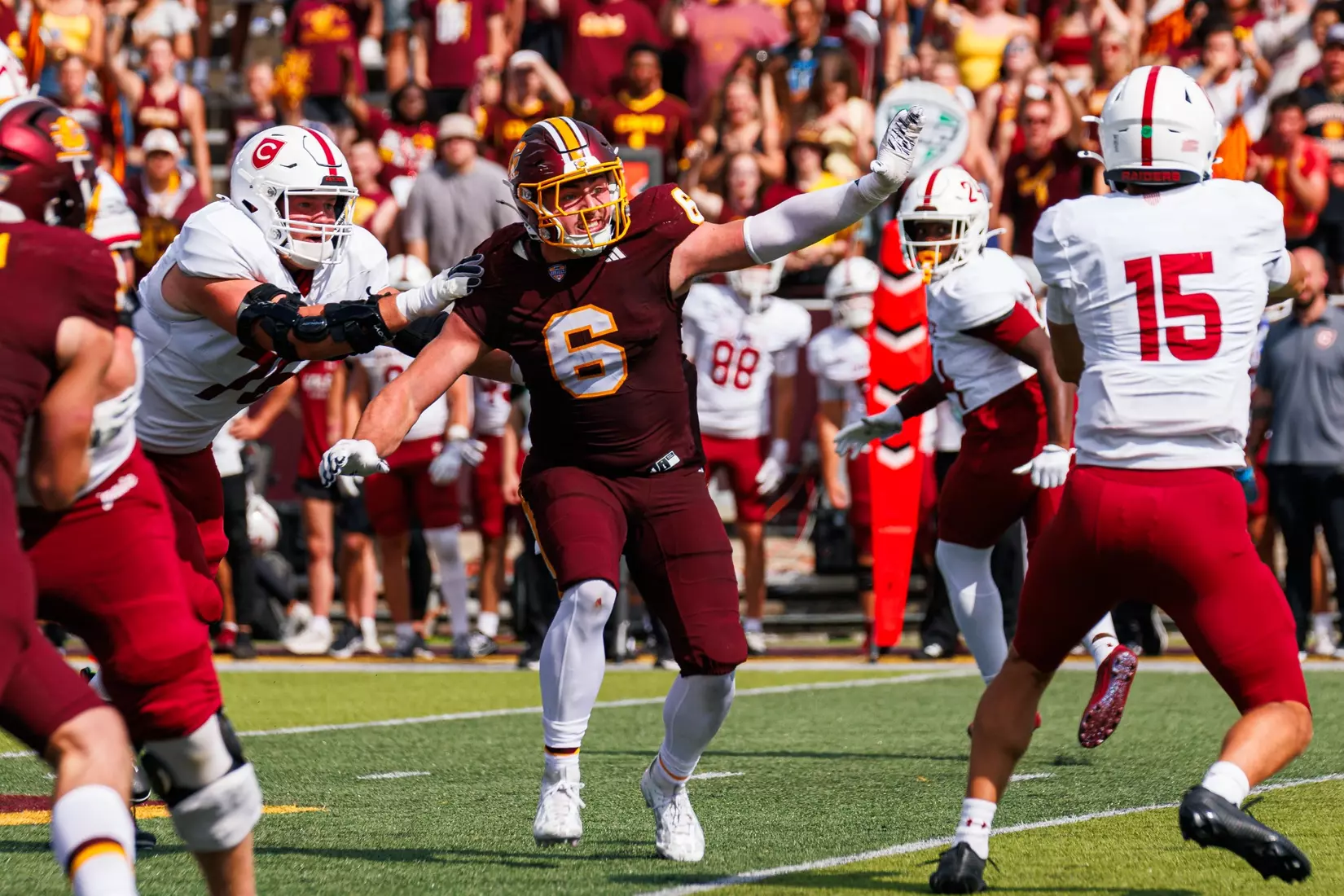 Hunter Zirkle (#6) prushes the quarterback during the Central Michigan vs Colgate football game on Saturday Sept. 12, 2026 in Mount Pleasant. (Ty Klopf/Central Michigan Football)